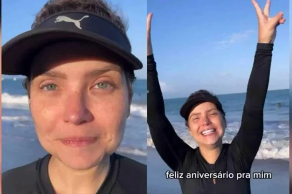 Camila Campos celebra cura do câncer de mama e aniversário em vídeo emocionante 1 Camila Campos na praia comemorando sua cura e aniversário.