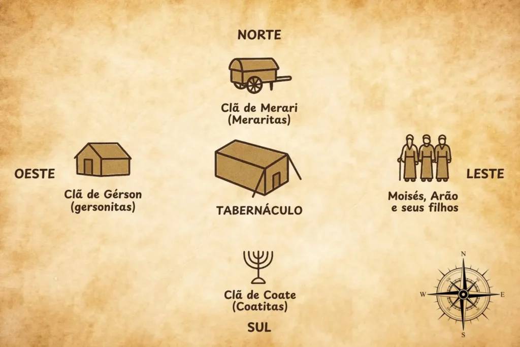 A divisão da tribo de Levi: Gersonitas, Coatitas e Meraritas 1 Acampamentodos clãs da tribo de Levi ao redor do Tabernáculo