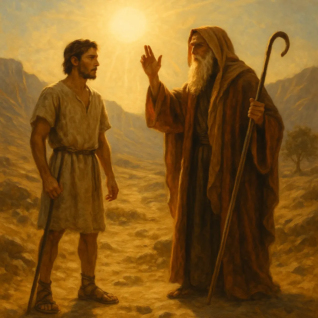Ilustração do profeta jovem e o profeta idoso, destacando a importância de obedecer a Deus mesmo diante de conselhos contrários.