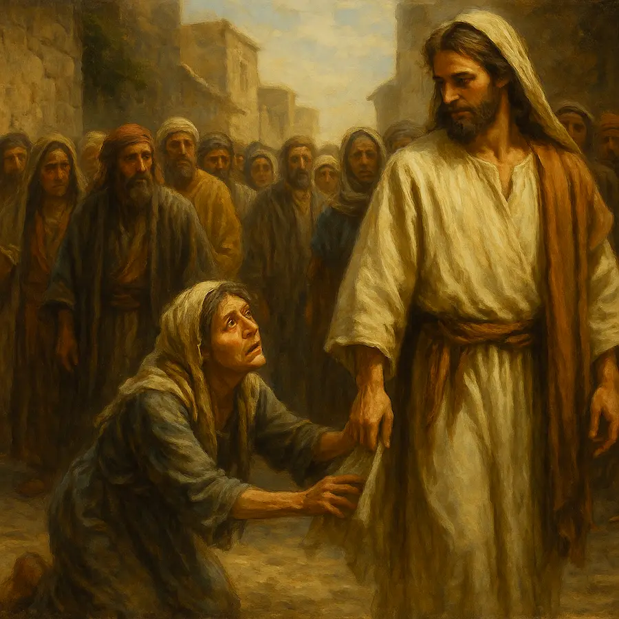Mulher com hemorragia toca em Jesus como oferta de fé em tempos de escassez