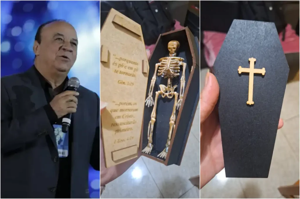 Líder da Quadrangular presenteia pastores com caixão simbólico